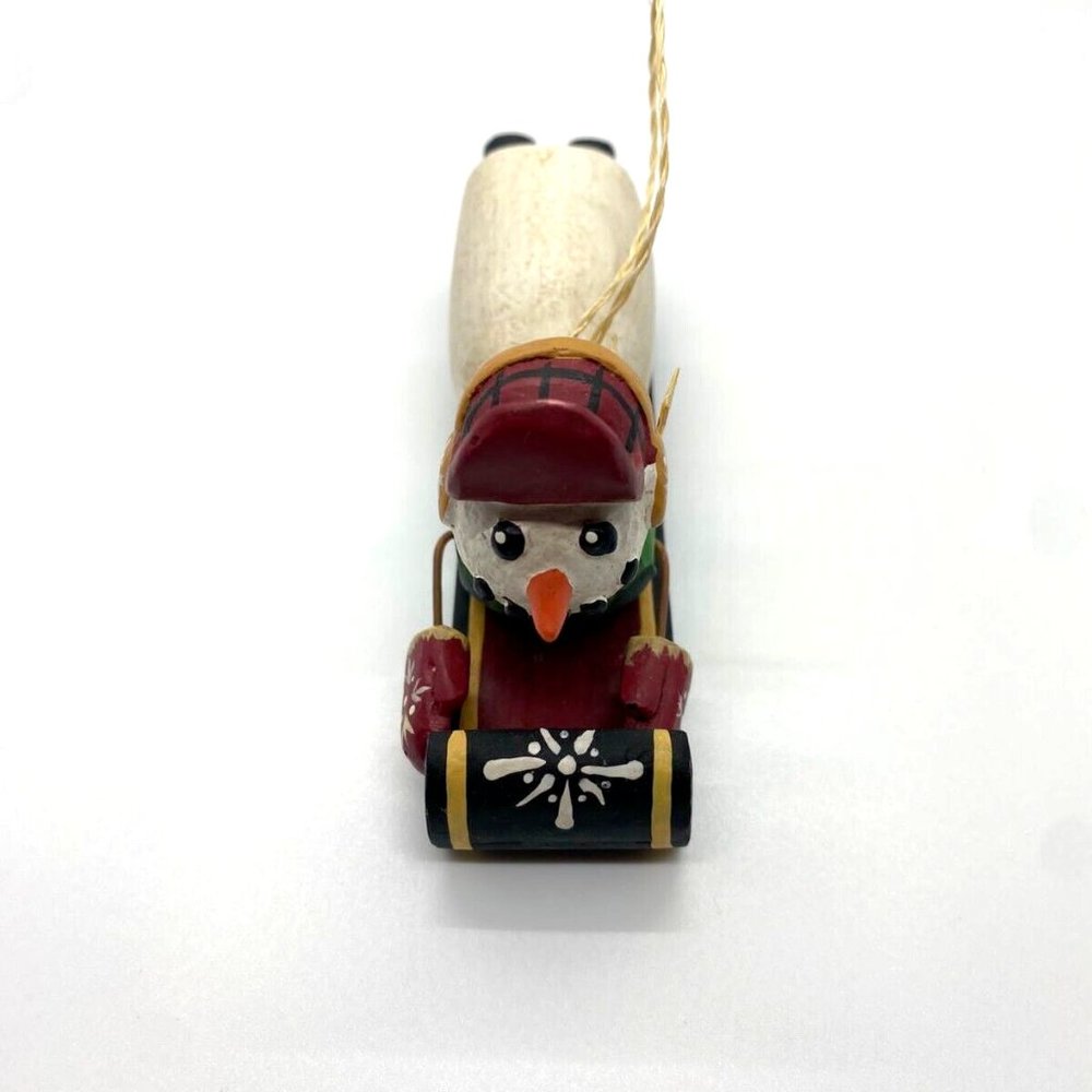 Multicolor Snowman On Sled Christmas Ornament Hanging Vintage 5" Signed "Tate"
